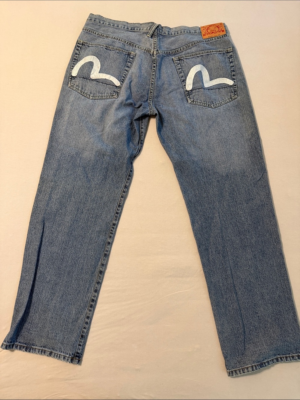 Evisu Jeans White Gull Back Pockets Button Fly Blue Denim